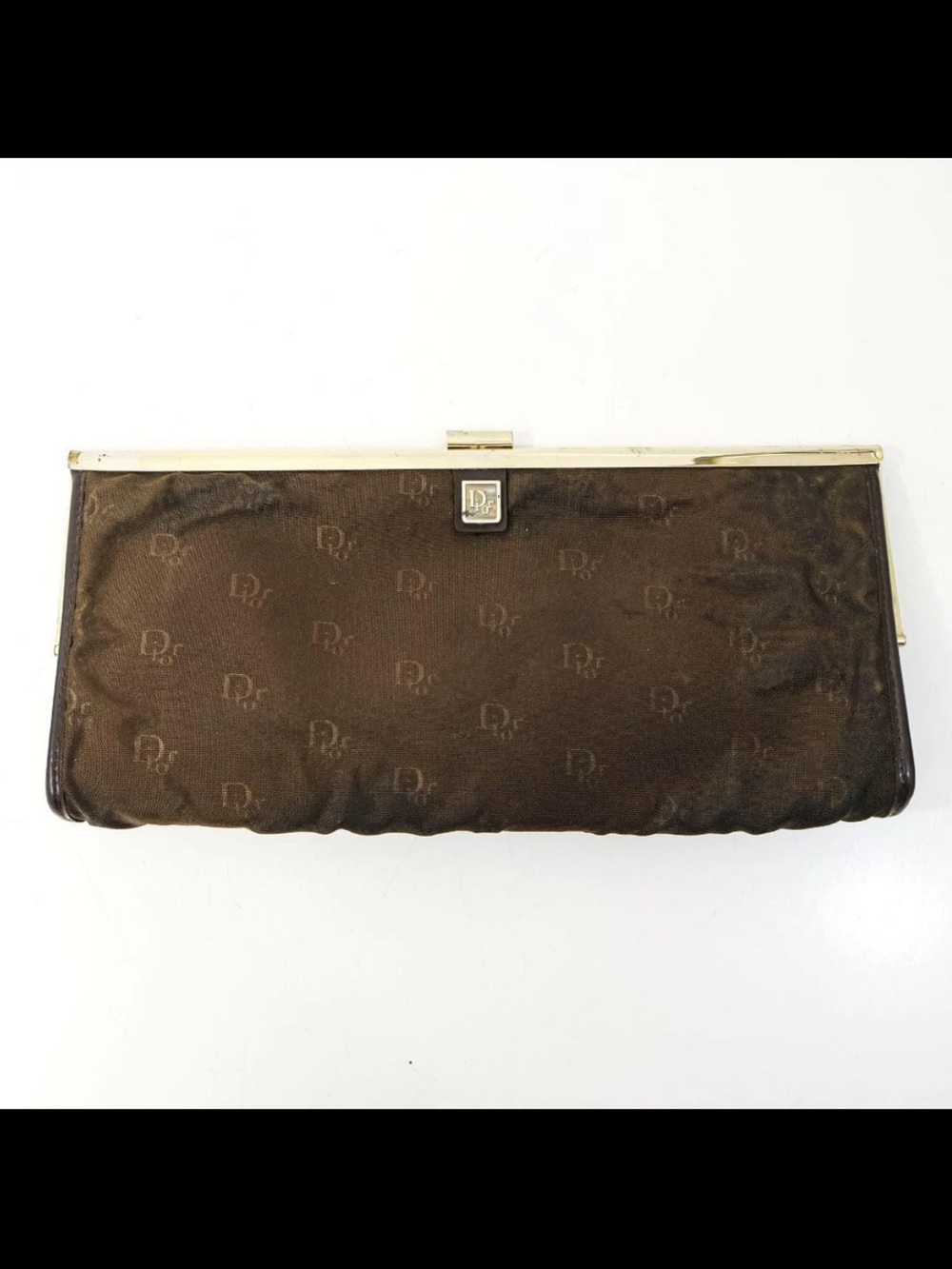 Dior Brown Satin Monogram Frame Clutch with Gold Trim